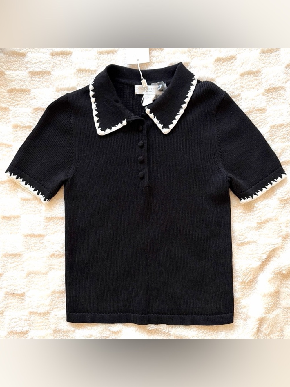 Caroline Constas NWT Black Knit Collared Top Contrast Trim XS